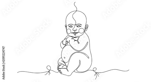 Bild auf Leinwand Minimalist Line Art Baby Sitting with Umbilical Cord Detail