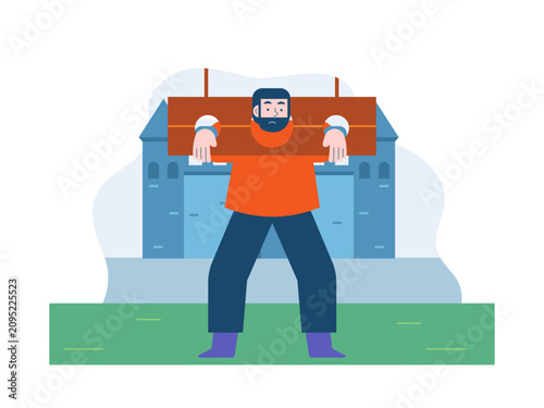 Fotografía A bearded man in a red shirt constrained in wooden stocks