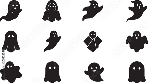 Photography Set of black ghost icons and spooky spirit characters for halloween celebration