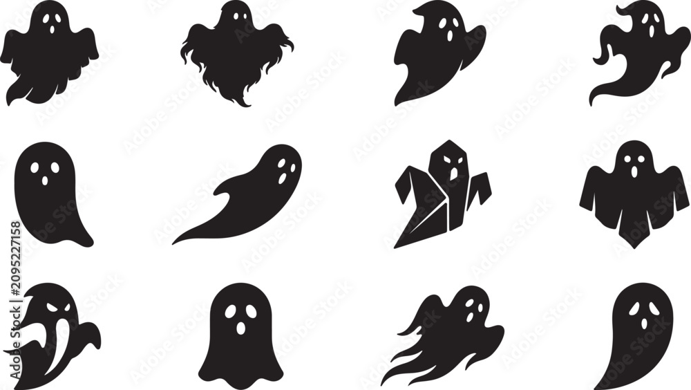Fototapeta premium Set of black ghost icons for Halloween party designs and scary spooky holiday decorations
