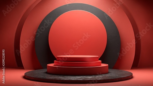 Red podium on red background with smooth black halo, minimalist modern stage, elegant sleek design, dramatic lighting, high-end contemporary presentation