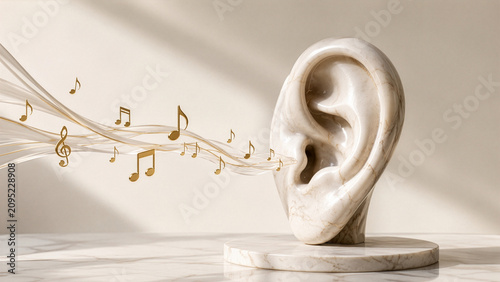 A sculptural marble ear receiving flowing musical notes, symbolizing attentive listening, sound perception, music appreciation, communication, and auditory wellness - Generative AI