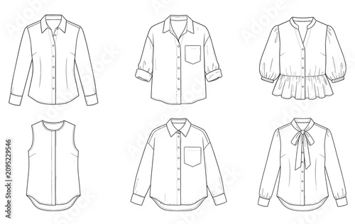 Set of women casual tops including button down blouse, tank top, and off shoulder shirt vector illustration for summer fashion catalog or apparel design isolated on white background.