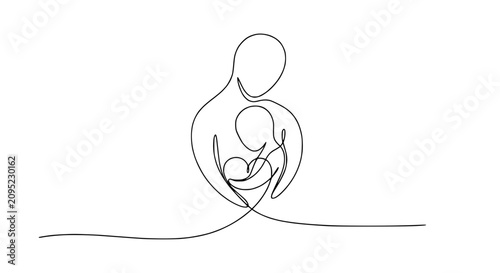 Quadro su tela Continuous Line Drawing of Mother Embracing Child, Heart Shape, Love, Family