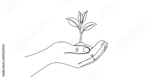 Fotografie Minimalist line art of a hand holding a seedling, symbolizing growth and new beginnings