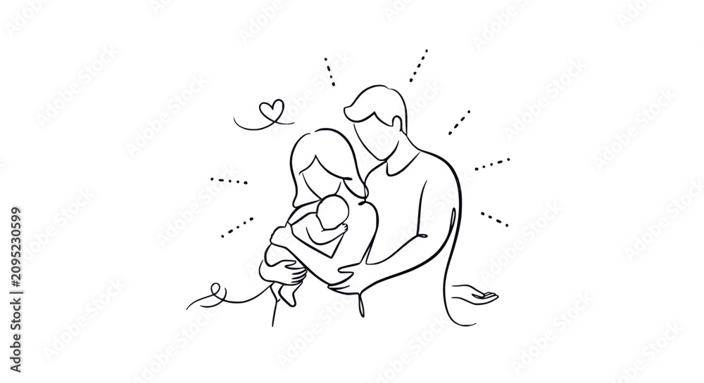 Obraz premium Loving Family Embrace: Parents Holding Newborn Baby, Minimalist Line Art, Heart Symbol