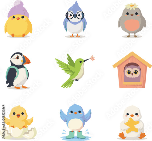 Cute Spring Birds Vector Icon Set with Cartoon Blue Jay Hummingbird Puffin Owl in Birdhouse and Chick Hatching from Egg for Graphic Designs