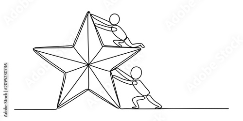 Tableau sur toile Two people working together to push a large star shape in a continuous line art