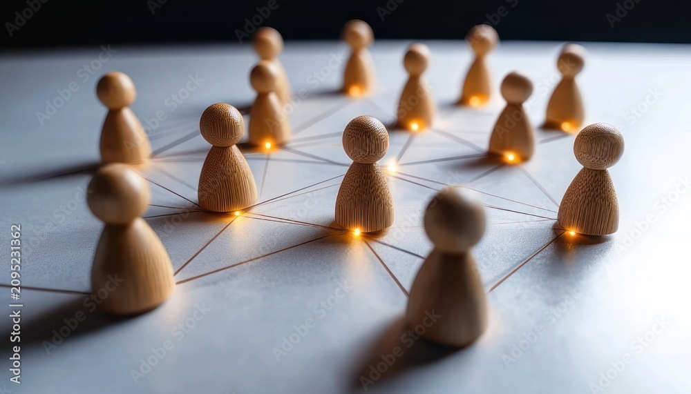 Obraz premium wooden pawn figures arranged on a table connected by drawn lines with small glowing connection points conveying teamwork and interconnectedness