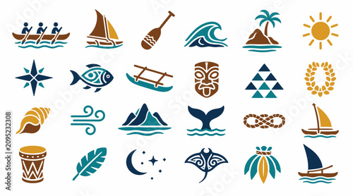 Schilderij op canvas Colorful Tropical Island Themed Icons and Symbols Collection.