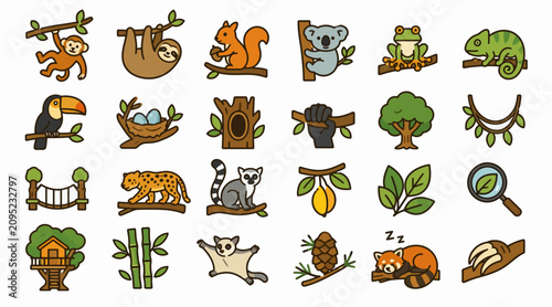 Photography Colorful cartoon jungle animals and plants illustration set.