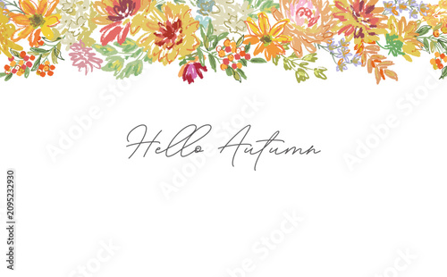 Crayon doodle autumn botanical background with hand painted dahlia, Autumn leaves, wild flowers for fabric, home decor and surface design. Vector file.	
