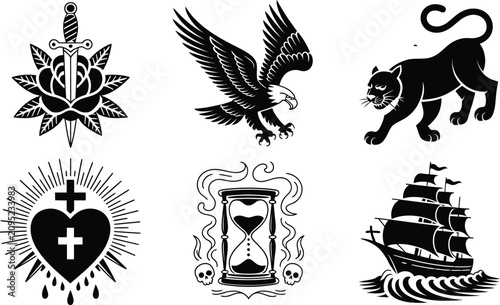 Bild auf Leinwand Traditional Old School Blackwork Tattoo Flash Vector