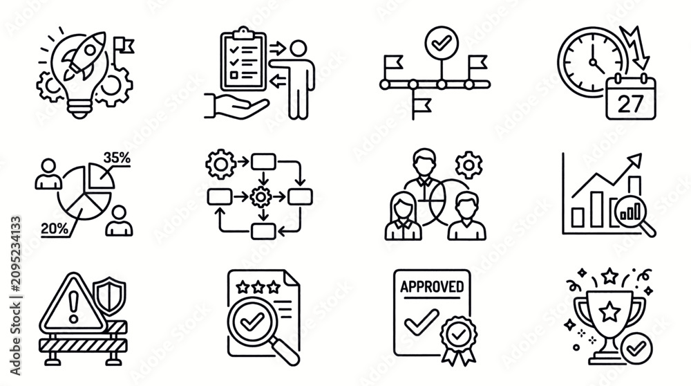Fototapeta premium Collection of flat design icons representing various daily life and business activities.