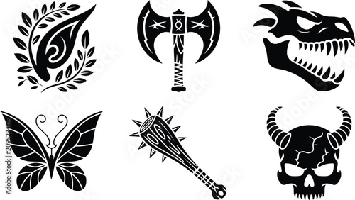 Tableau sur toile Tribal Fantasy Silhouette Icon Set with Skull, Dragon, Weapons, and Butterfly ve