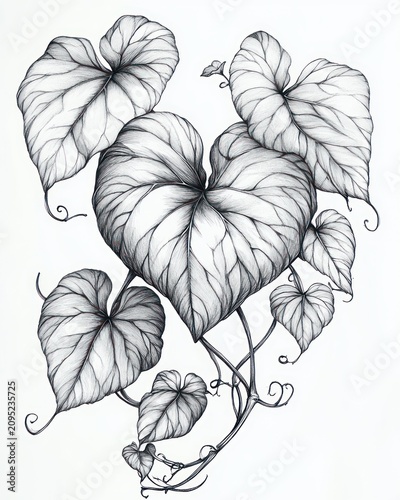 Monochrome botanical sketch of intertwined vines with multiple heart-shaped leaves, curling tendrils, detailed veined shading, delicate line work and a calm elegant mood