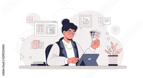 Designer working on a tablet, holding color swatches and looking at fashion sketches on a screen