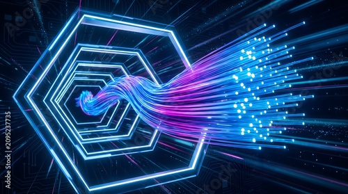 Neural network data stream visualization. AI algorithm processing information. Big data flow