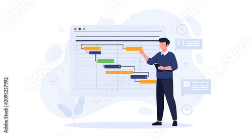 Man analyzing Gantt chart and project timeline on computer screen, representing business planning and strategy