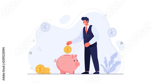 Man Depositing Coin into Piggy Bank for Savings, Investment, and Financial Growth - Vector Illustration