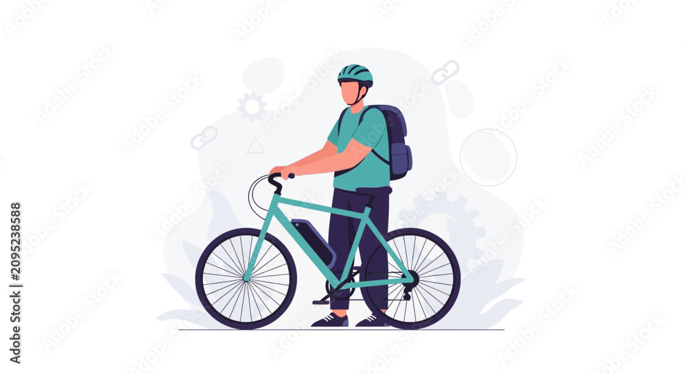 Fototapeta premium Man with Electric Bicycle and Backpack, Flat Design, Eco-friendly Transport Concept