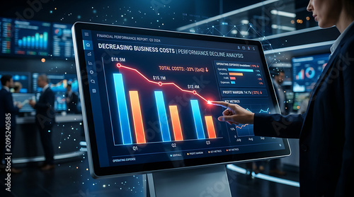 Businesswoman analyzing declining performance report on a digital screen with glowing charts during a meeting