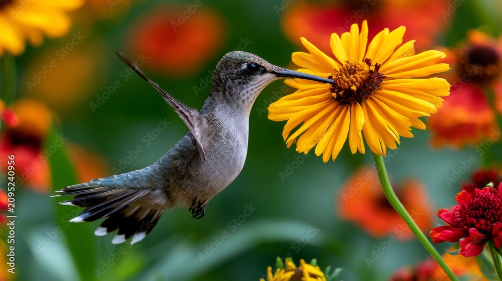 Obraz premium Graceful hummingbird hovering near vibrant yellow flower in a lush garden setting, showcasing nature's beauty and intricate details of wildlife interaction