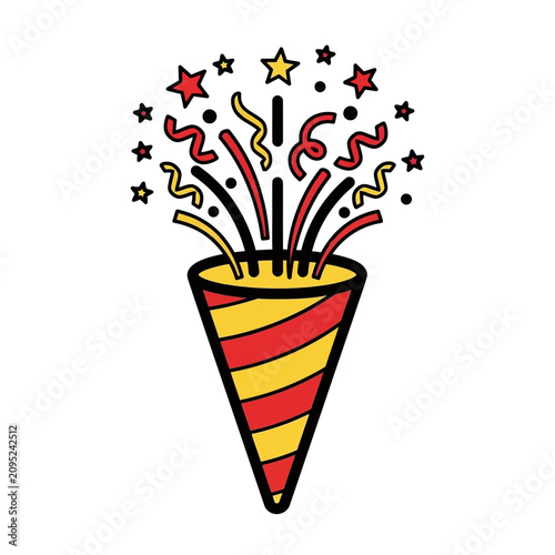Festive party popper bursting with colorful confetti and stars, isolated vector icon.