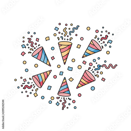 Four colorful party poppers explode with confetti on a white background, creating a fun celebration illustration for festive events.