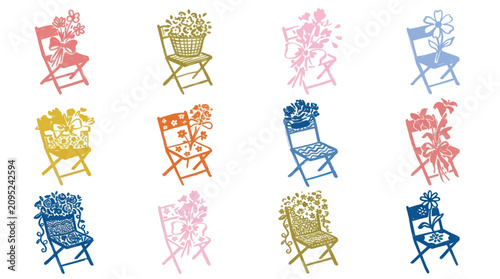 Collection of colorful vintage folding chairs with floral decorations.