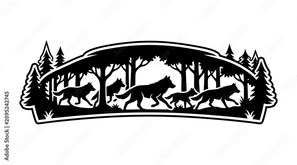 Obraz premium Wolf pack silhouette walking through forest trees.
