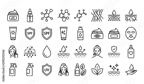 Foto Skincare line icons set moisturizer serum retinol collagen ceramide sunscreen ou