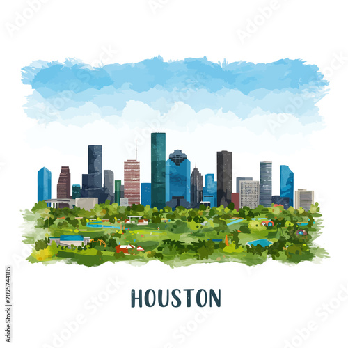 Houston Texas skyline watercolor city illustration with green park landscape