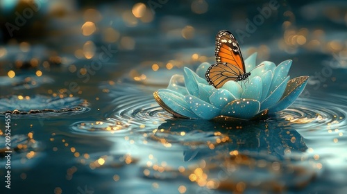 Orange and black butterfly resting on a glowing blue lotus floating on rippling water with golden bokeh sparkles, serene and magical scene