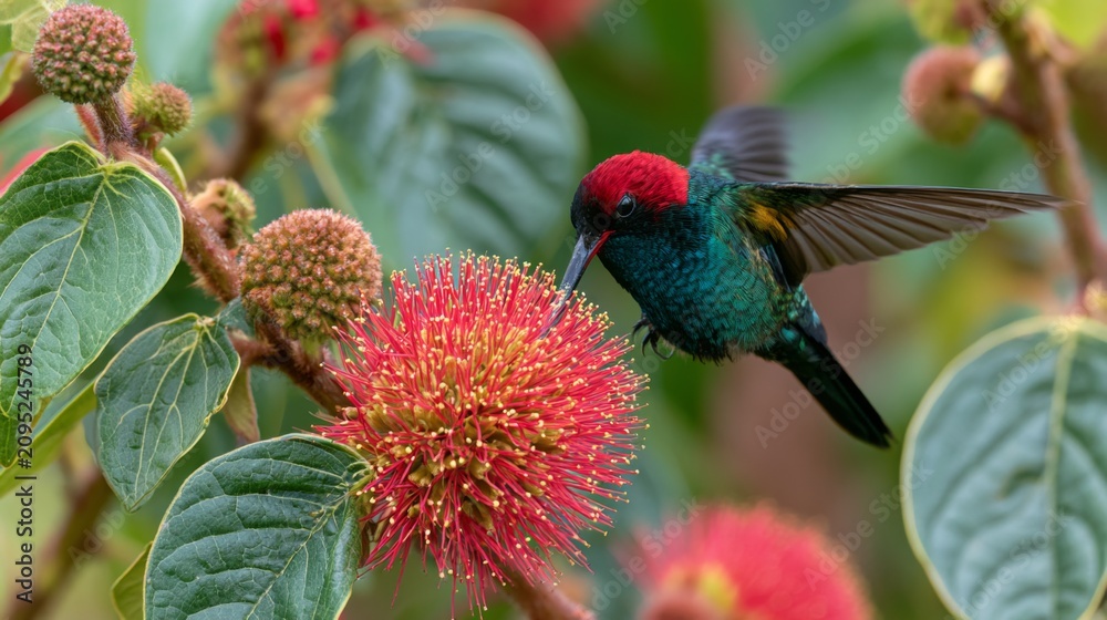 Fototapeta premium Vibrant Hummingbird Feeding on Bright Red Flower with Green Leaves in Tropical Paradise, Showcasing Nature's Beauty and Intricate Details of Wildlife
