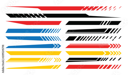 Modern racing decal stripe set for vehicle body styling and car graphic design elements in red black blue and yellow colors