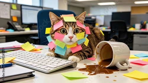 Confused Tabby Cat Office Desk Sticky Notes Spilled Coffee Messy Workspace Photorealistic