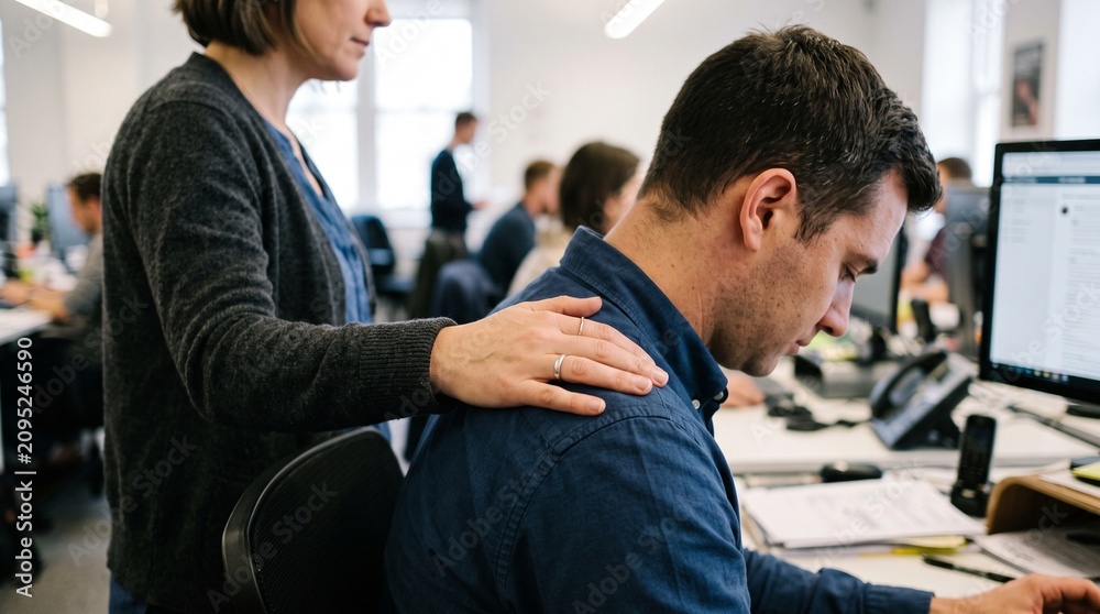 Fototapeta premium Colleague offers support and comfort to a stressed coworker in a busy office environment
