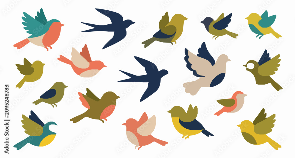 Fototapeta premium Minimal Flying Bird Vector Collection with Cute Flat Birds in Elegant Flight Positions Isolated on White Background