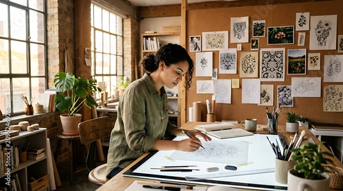 Creative woman working on a detailed sketch in a bright art studio