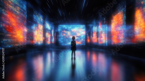 Silhouetted child on a reflective floor inside a dark futuristic room filled with glowing blue and orange digital panels and streaking lights, evoking awe and wonder