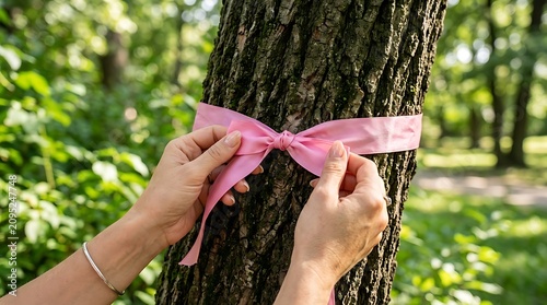 Hands tying a pink ribbon around a tree trunk in a park