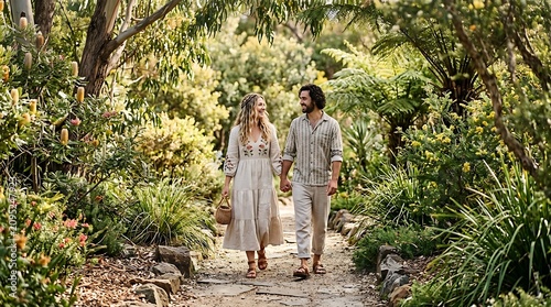 Happy couple in linen clothing walking through a lush garden path
