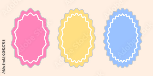 Oval sticker template set with zigzag starburst borders in pastel pink yellow and blue colors for retail sale tags or product labels