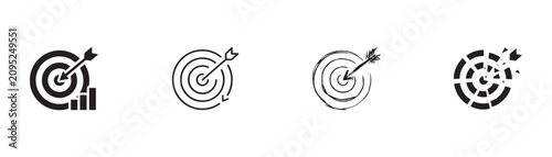 Four isolated target icons showing arrows hitting center of bullseye with varying graphic treatments for representing business goals and strategic success.