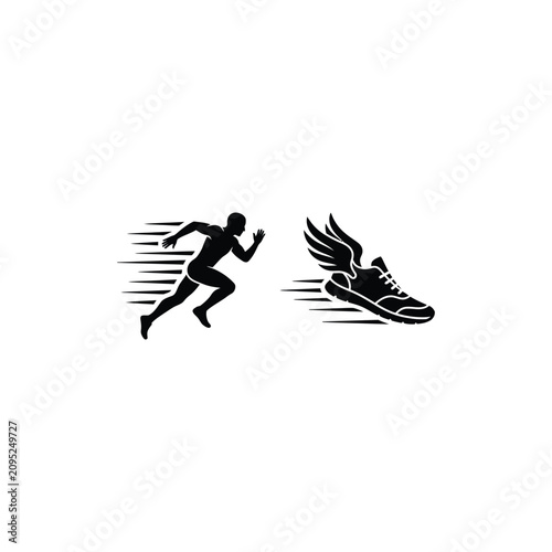 Foto A person runs quickly alongside a winged sneaker on a track.