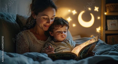 parent and child cuddled in bed reading a storybook under warm moon and star projections, cozy nighttime bonding and gentle bedtime calm