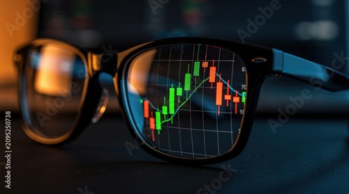 Eyeglasses focusing on a digital stock market chart with green and red candlesticks, symbolizing financial analysis and trading insights.