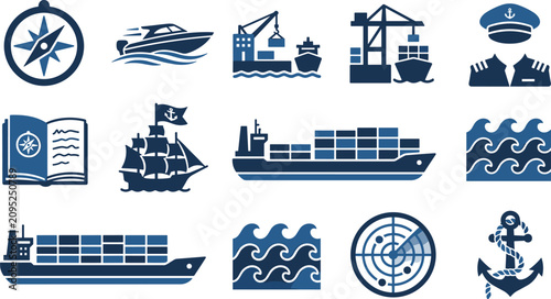 Tableau sur toile Nautical shipping and maritime transportation flat vector icons set on transparent grid with marine theme