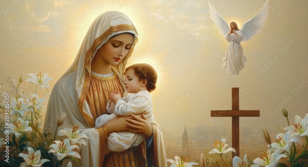 Obraz premium Serene veiled mother holding infant in gentle embrace among white lilies, haloed in golden light with wooden cross and ascending angel, peaceful reverence
